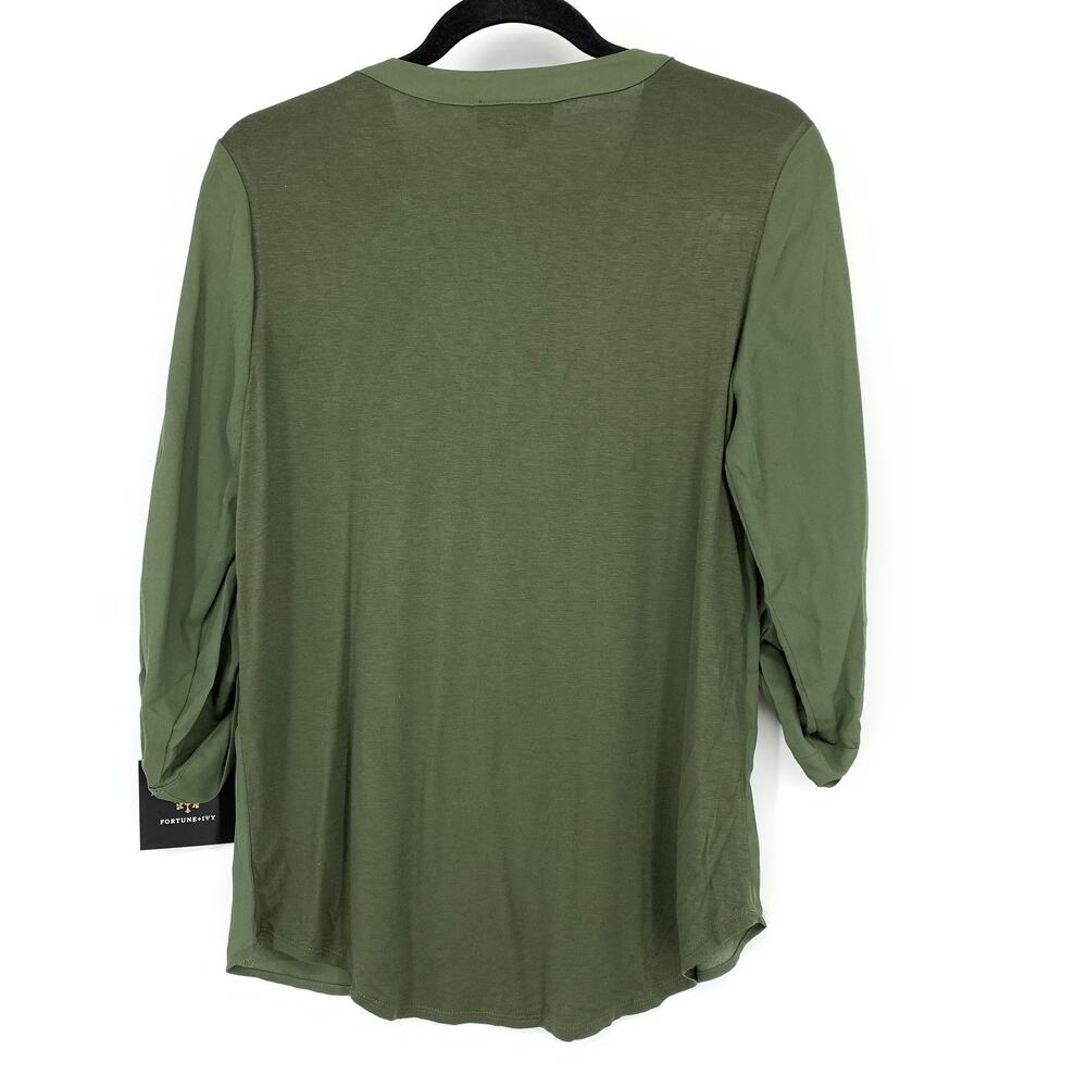 Fortune + Ivy Stitch Fix Olive Green Zip Front Blouse Womens Small Roll Tab NWT - Picture 2 of 7